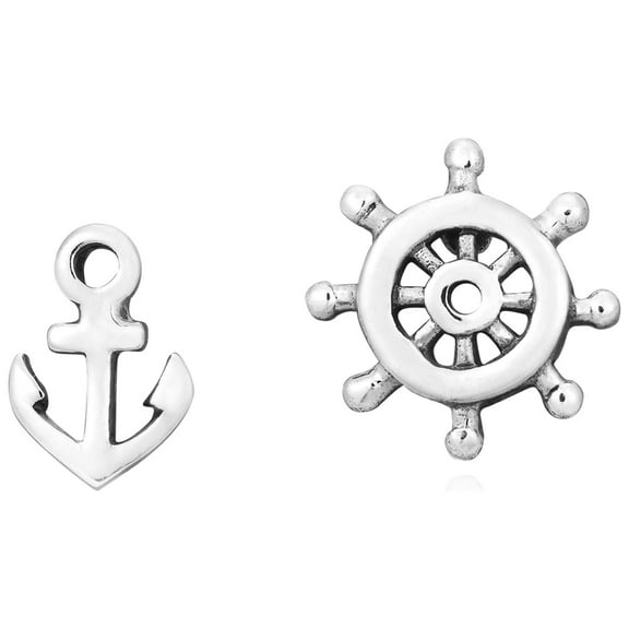 AeraVida Trendy Nautical Themed Ship’s Anchor & Helm Sterling Silver Stud Earrings