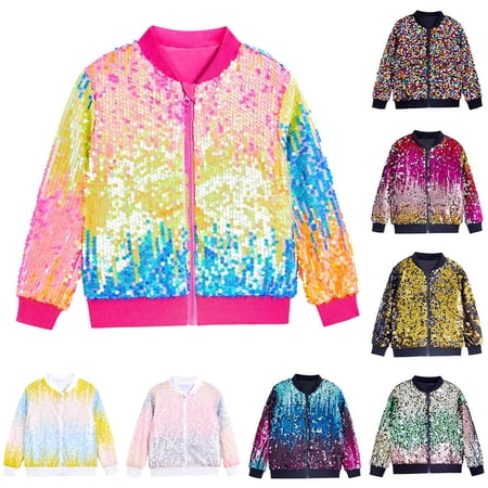 Lkhaha Girls Rainbow Sequin Bomber Jacket Sparkly Zip-Up Coat Colorful Party Outerwear Blue 2-4 Years