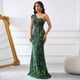 thumbnail image 5 of Vestido largo Cololura con lentejuelas de un solo hombro, color verde sirena, para mujer, 5 of 9