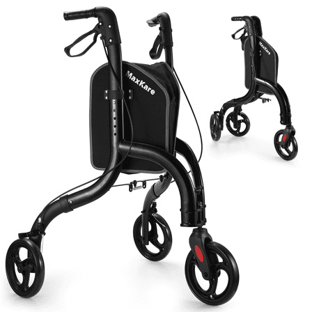 MaxKare 3-Wheel Walker for Seniors Foldable Rollator Walker with 8'' Wheel Lightweight, 300Lbs Weight Capacity, Height Adjustable, Black