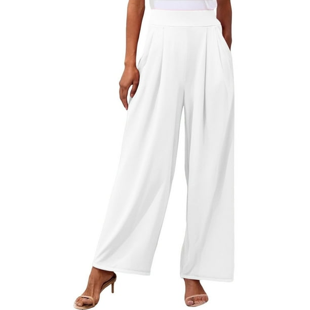 Pantalones palazzo anchos de color liso para mujer: cintura alta con cinturilla elástica, poliéster y spandex, pantalones largos informales con bolsillos laterales.