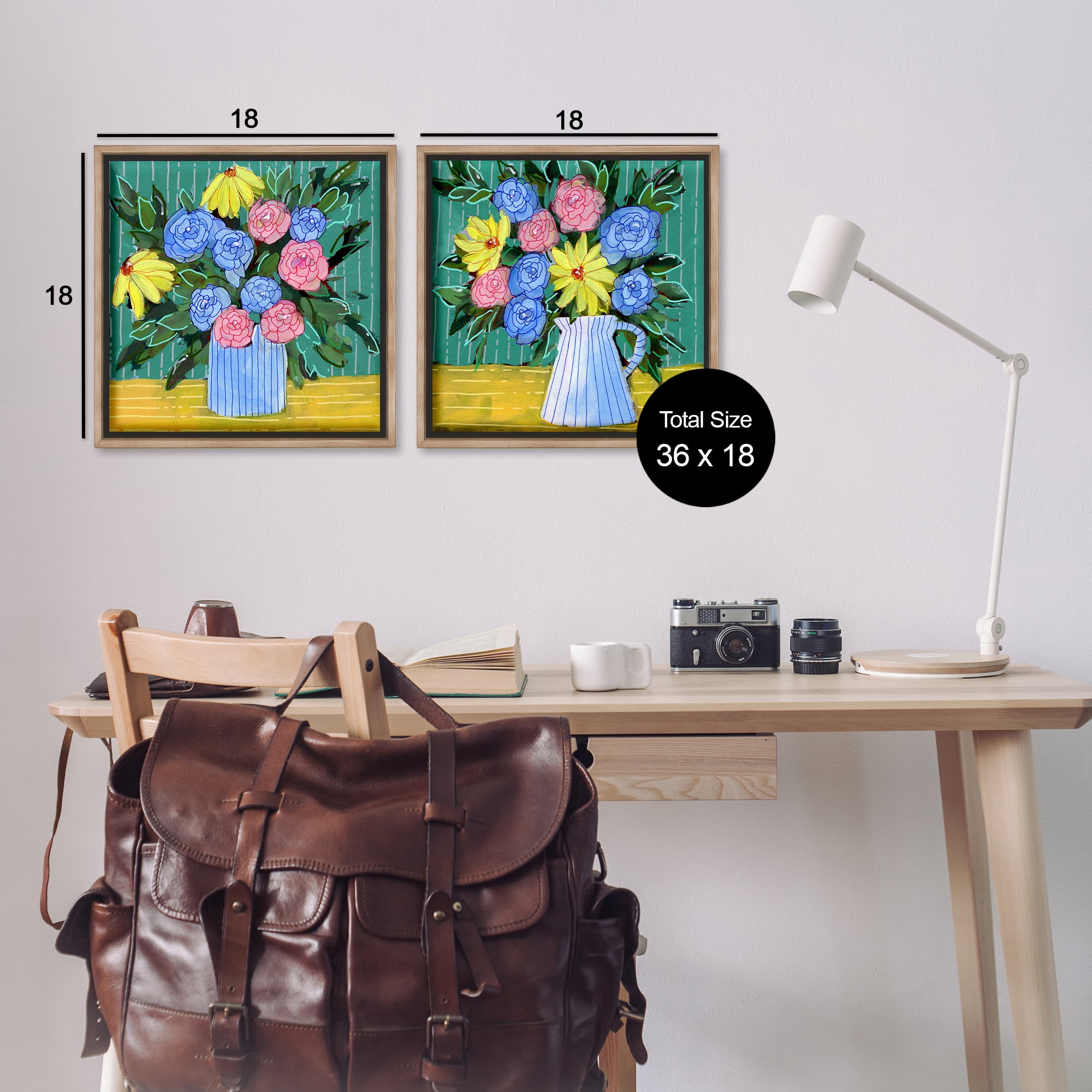 Stupell Industries Bright Flowers on Stripes Plants & Flowers Painting Brown Floater Framed Canvas Art Print Wall Art, 18 x 18, Set of 2