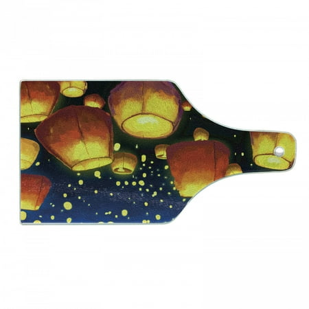 

Lantern Cutting Board Floating Fanoos Like Devices on Sky Auspicious Culture Chinese Decorative Tempered Glass Cutting and Serving Board Wine Bottle Shape Dark Blue Orange by Ambesonne