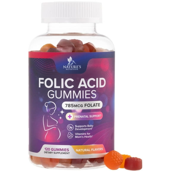 Folic Acid Gummies for Women 785 mcg - Essential Prenatal Vitamins for Mom & Baby, Vegan Folic Supplement Gummy, Daily Vitamin B9 Extra Strength Folate, Before During After Pregnancy - 120 Gummies