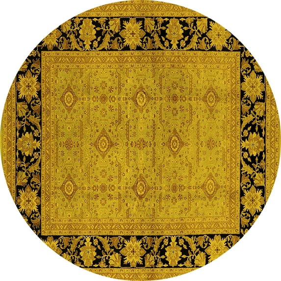 Ahgly Company Machine Washable Indoor Round Oriental Yellow Industrial Area Rugs, 8' Round