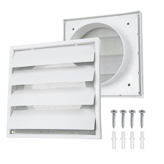 Uxcell 1Set Louvered Exhaust Vent Cover (5" Opening, 6.9"L x 6.9"W) - Air Wall Vent with Dustproof Mesh, Plastic Exhaust Ventilation Grille for Kitchen/Bathroom/Garage, White