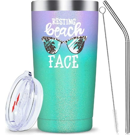 

20 oz Insulated Tumblers with Lid and Straw | Resting Beach Face Double Wall Stainless Steel Vacuum Coffee Wine Tumbler Funny Mug for Women Girls Christmas Gifts (Mint+Purple)