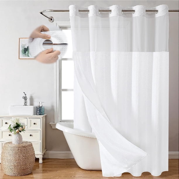 Cortina de Baño sin Gancho con Forro a Presión, de Tela Gofre, Doble Capa, Impermeable y Lavable, Cortina Regadera Antimoho para Hogar, Baño (Blanco)