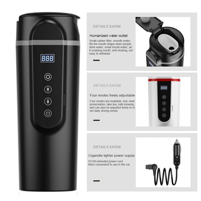 Car Electric Kettle 12V/24V Car Travel Electric Kettle with a 420ml capacity, featuring a black SUS304 stainless steel and PC material design. The kettle includes an anti-spill lid, a digital temperature display, and buttons for temperature control ranging from 30°C to 100°C. It has a car power cord for use with 12V-24V power sources and supports fast and slow heating modes. The compact size of 70x70x230mm makes it portable for travel, camping, or daily commutes. The package includes the electric cup, car power cord, and a color box.