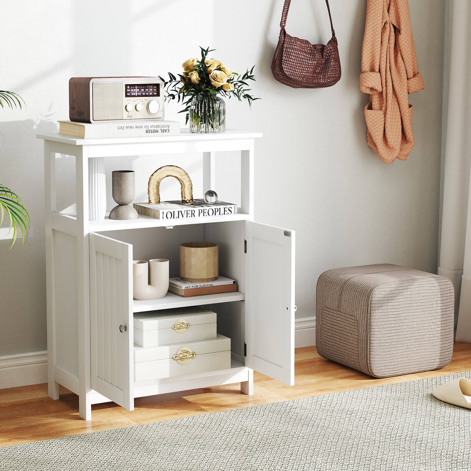 Costway Bathroom Floor Cabinet Freestanding Storage Organizer with 2 Doors Open Compartment White