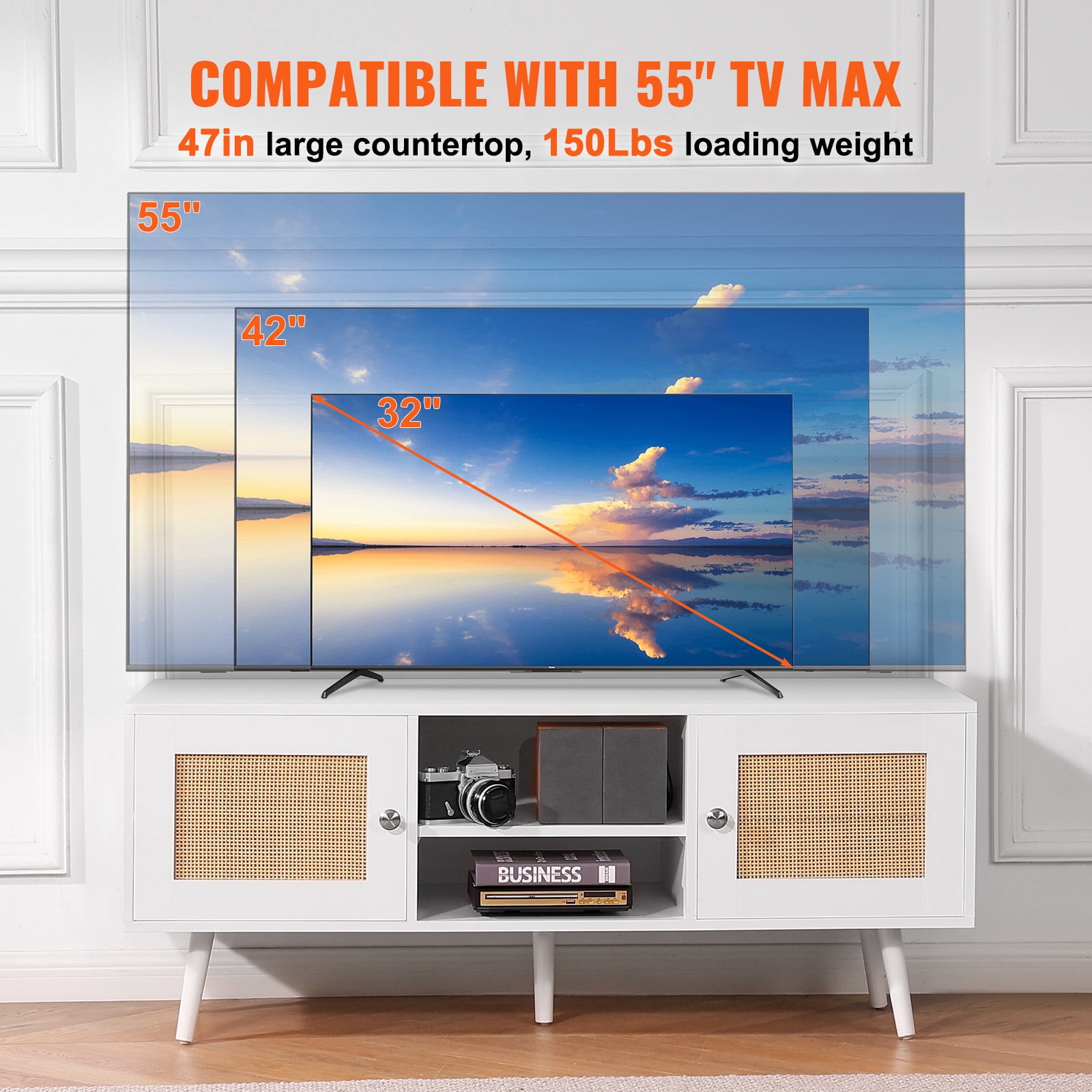 KFFKFF Wicker Television Stand, Bohemian Entertainment Center for 55" TVs, Contemporary Media Console with Flexible Shelving, Ideal for Living Spaces, Media Areas, in White