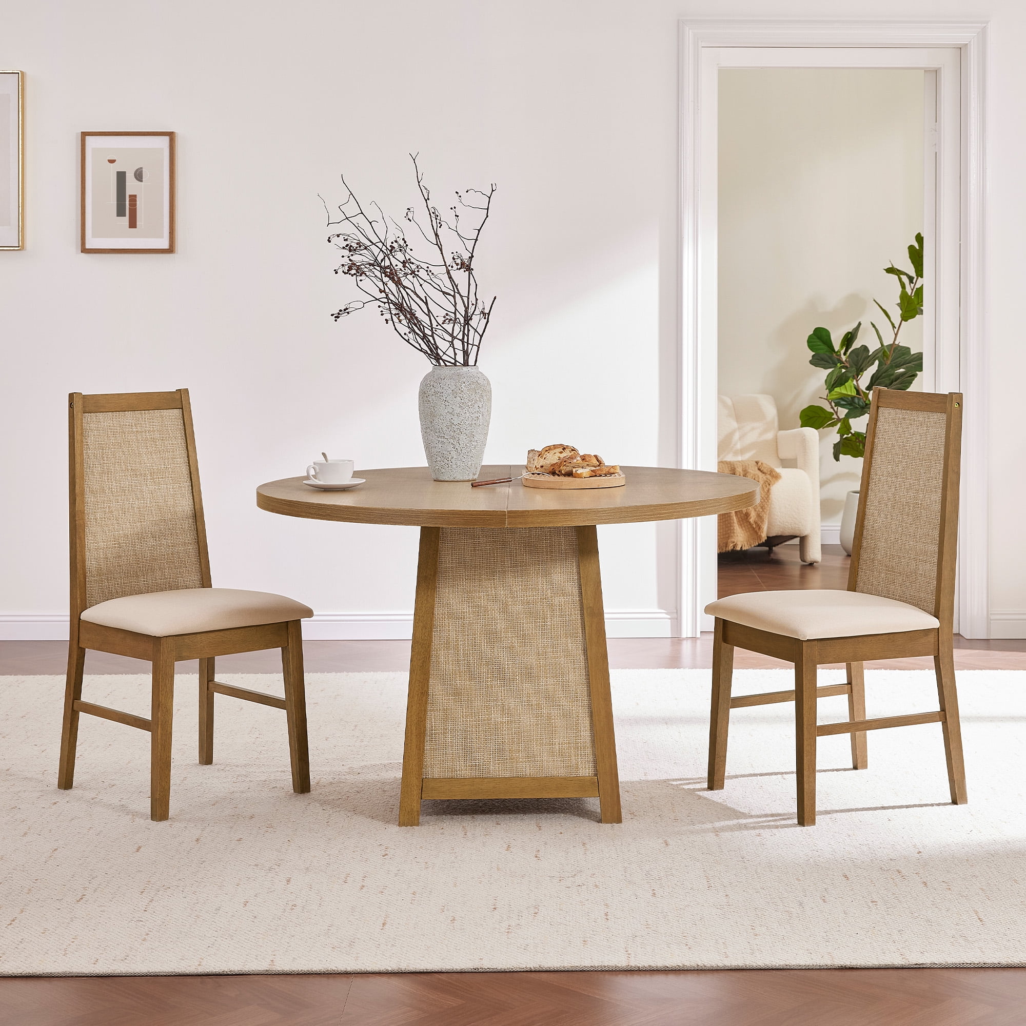 SICOTAS 47" Boho Round Solid Wood Dining Table for 4, Farmhouse Rattan Kitchen Table with 1.4" Thickened Tabletop for Dining Room, Living Room, Natural Wood