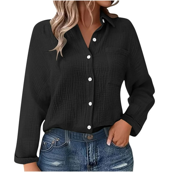 TKLPEHG Button Down Shirts for Women Solid Color Lapel Long Sleeve Shirts Business Casual Work Tops Casual Fashion Clothing (Black,S)