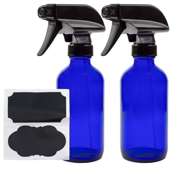 Cornucopia Brands 8-Ounce Cobalt Blue Glass Boston Round Spray Bottles (2 Pack) 3-Setting Heavy Duty Sprayers, Empty Refillable Bottle