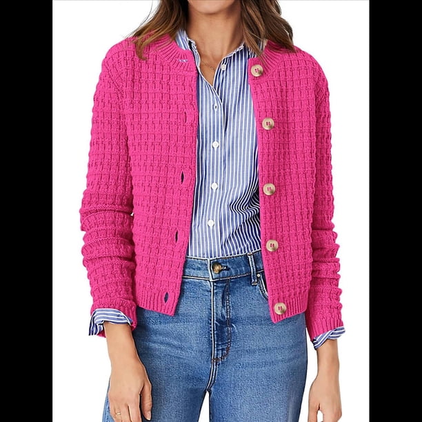 Cárdigan de Punto para Mujer, Informal, de Larga, con Botones, Abierto, Moderno, para Exteriores Rosa Roja S