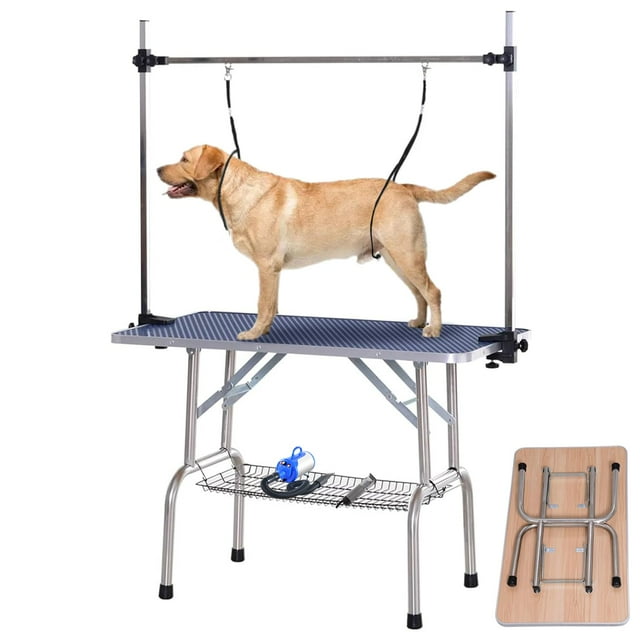 Dog Pet Grooming Table for Large Dogs Adjustable Height Heavy Duty Portable Trimming DryingTable with Arm/Noose/Mesh Tray, Maximum Capacity Up to 330 LBS, 46''/Blue