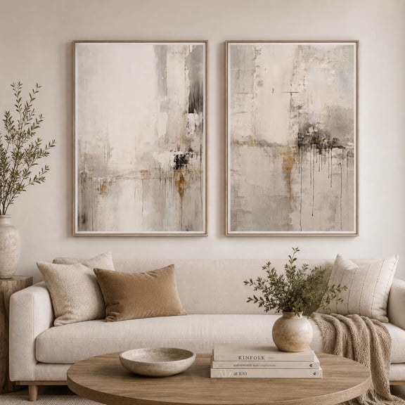 Set Of 2 Neutral Abstract Wall Art Prints, Beige Minimalist, Contemporary, Modern Living Room And Office Decor