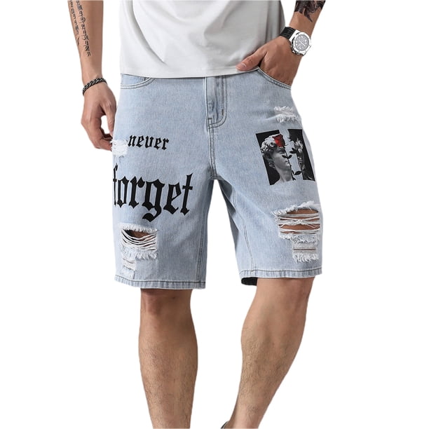 SAYOO Jeans de barril recto con bolsillos, letras azules claras e impresión de retratos SAYOO moda
