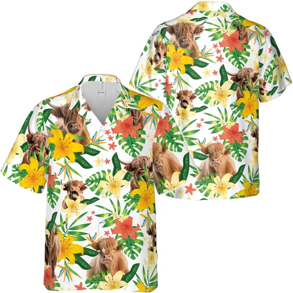 Lotusprinthandmade Highland Cattle Short-sleeve Hawaiian Shirt S-5XL (S), Cow Tropical Shirt
