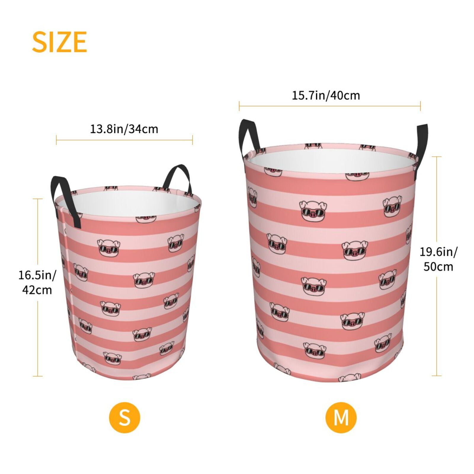 Large Laundry Basket with Handles - Striped Cute Glasses Pig Pink Kids Baby Dirty Clothes Laundry Hamper for Bedroom Aesthetic