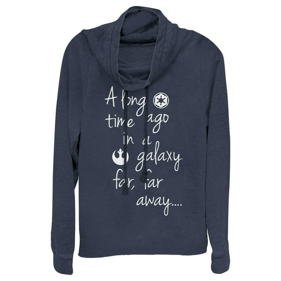Junior's Star Wars A Time Ago in a Galaxy Far Far Away  Cowl Neck Sweatshirt Navy Blue Large