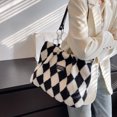 thumbnail image 1 of Bolsa Bolso de hombro grande con diseño de tablero de ajedrez de felpa para mujer (negro) Tmvgtek Para estrenar, 1 of 9