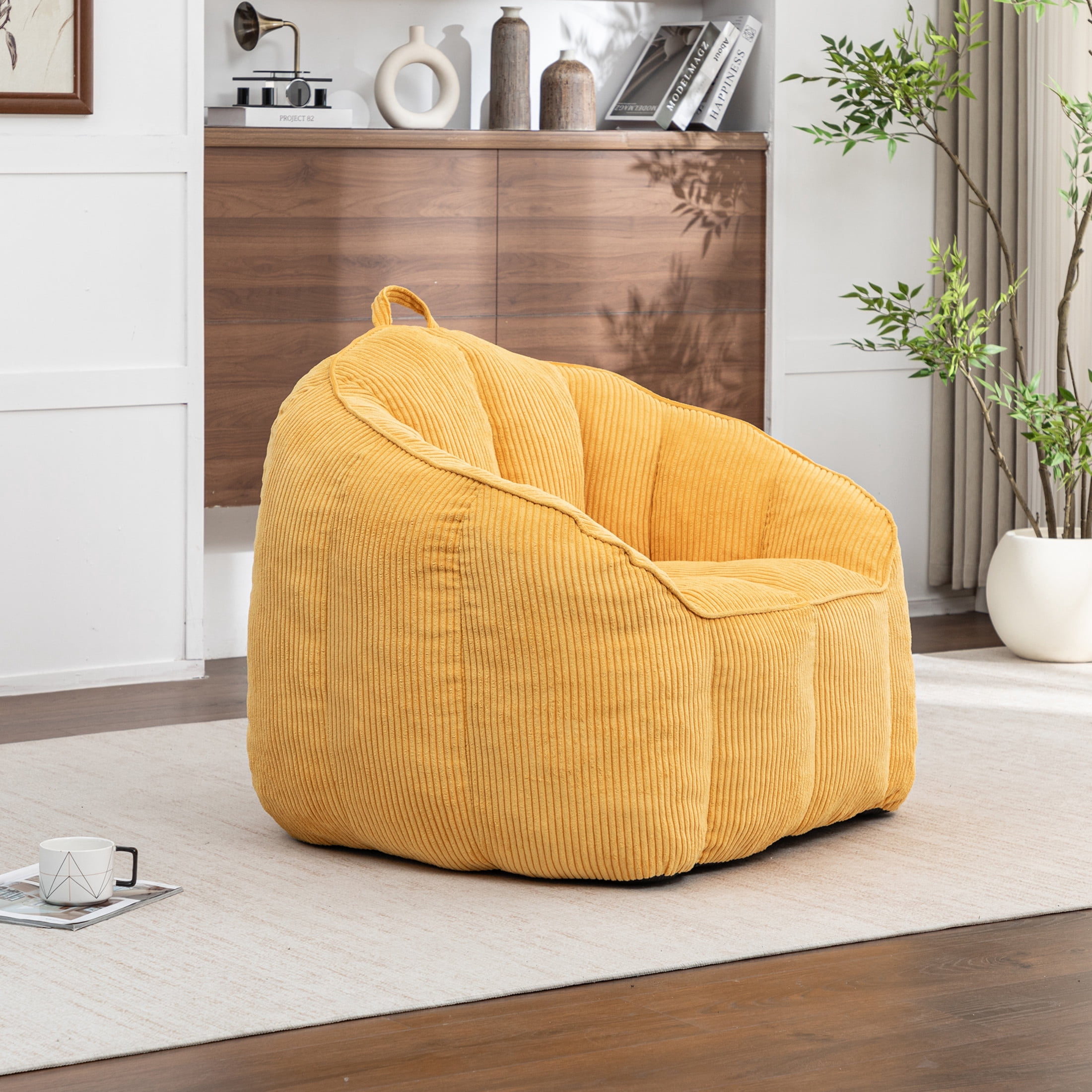 Noble House Revon Giant Corduroy Bean Bag Chair with Armrests, Cozy Memory Foam Lounge Couch for Living Room, Yellow