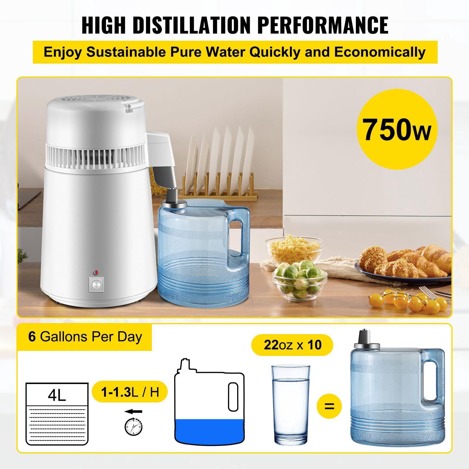 Pure Water Distiller 750W 1.1 Gal 4L BPA Free Home Use White Fully Upgraded Filter with Handle