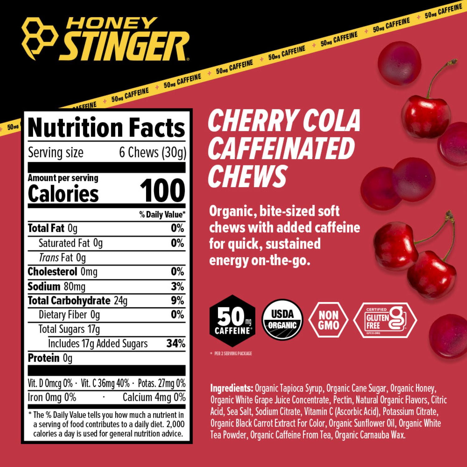 Honey Stinger Organic Gluten-Free Caffeinated Energy Chews, Cherry Cola, 1.8 oz, 12 Count Box