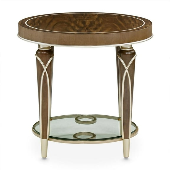 Michael Amini Villa Cherie Wood & Glass End Table in Hazelnut Brown