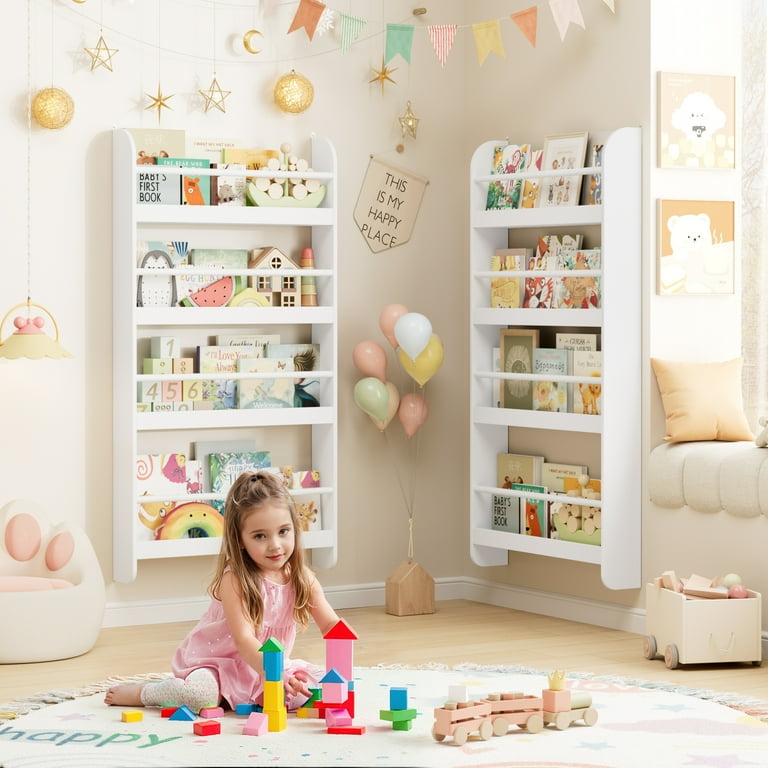 Homfa 4-Tier Wall Bookshelf Set of 2, Wall-Mounted Kids