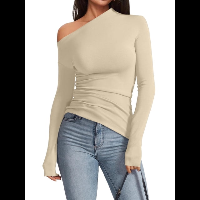 Blusas de Mujer con Hombros Descubiertos, Elegantes, de Larga, Asimétricas, Ajustadas, para Salir, de Otoño, con Frunces. Albaricoque XL