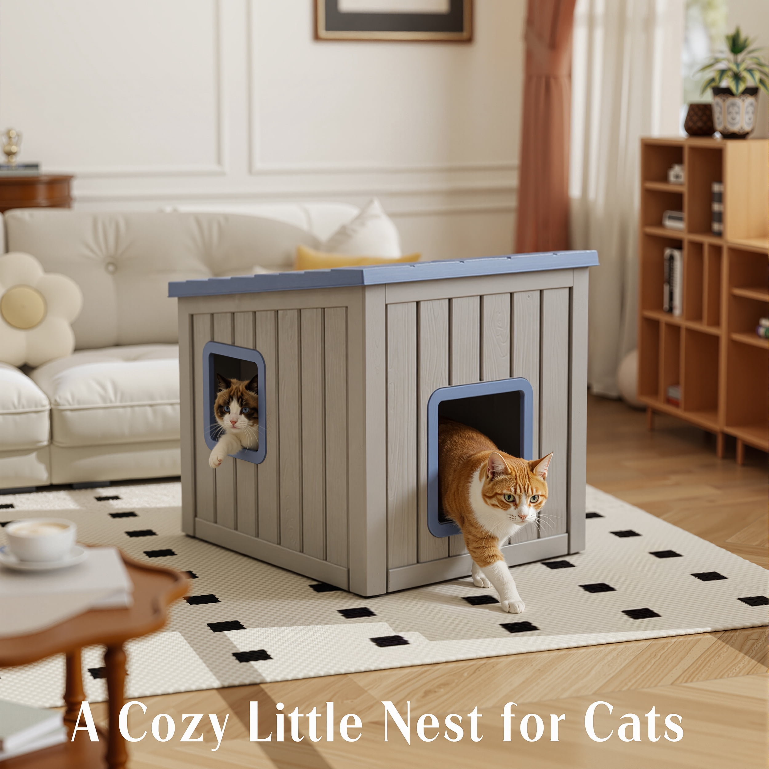 fazzn Outdoor Cat House,Waterproof Resin Cat Houses for Feral Cats,Robust and Easy to Assemble,Feral Cat Shelter for Winter,Suitable for Cats, Rabbits and Other Small Animals.Black/Blue,Father's Day