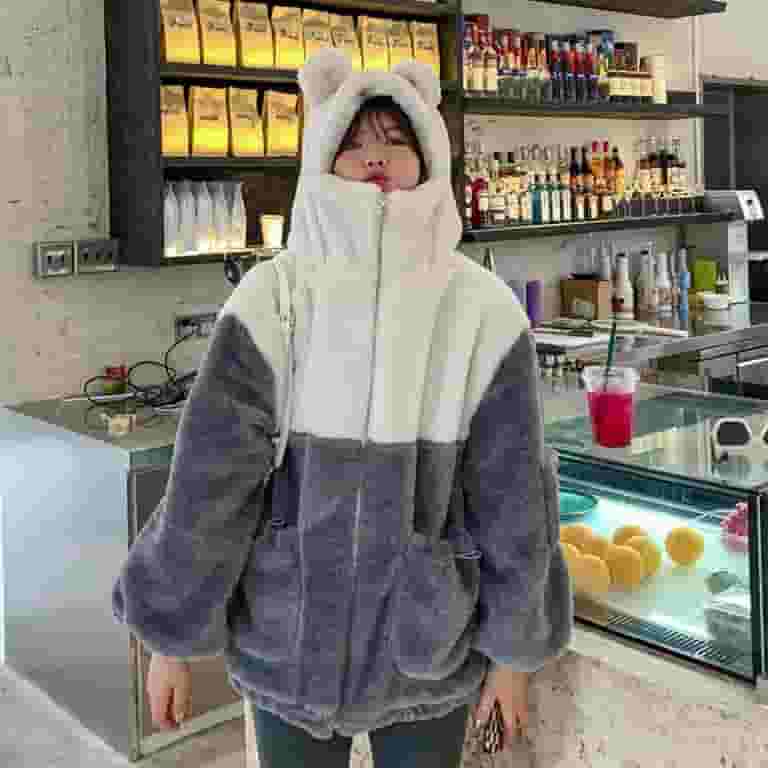 Women Cute Bear Ears Hoodies Jacket Winter Warm Faux Fleece Women Cute Bear Ears Hoodies Jacket Winter Warm Faux Fleece