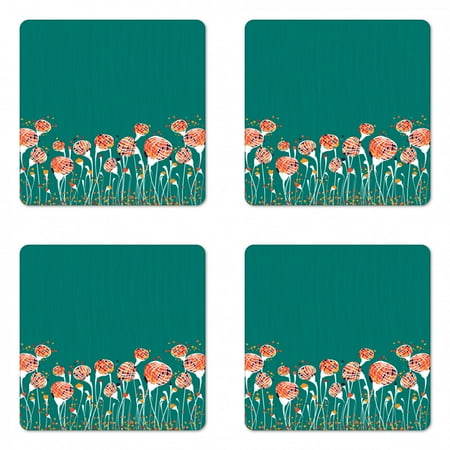 

Turquoise Coaster Set of 4 Ornate Bud and Petals Bizarre Colorful Various Flowers Spring Modern Illustration Square Hardboard Gloss Coasters Standard Size Multicolor by Ambesonne
