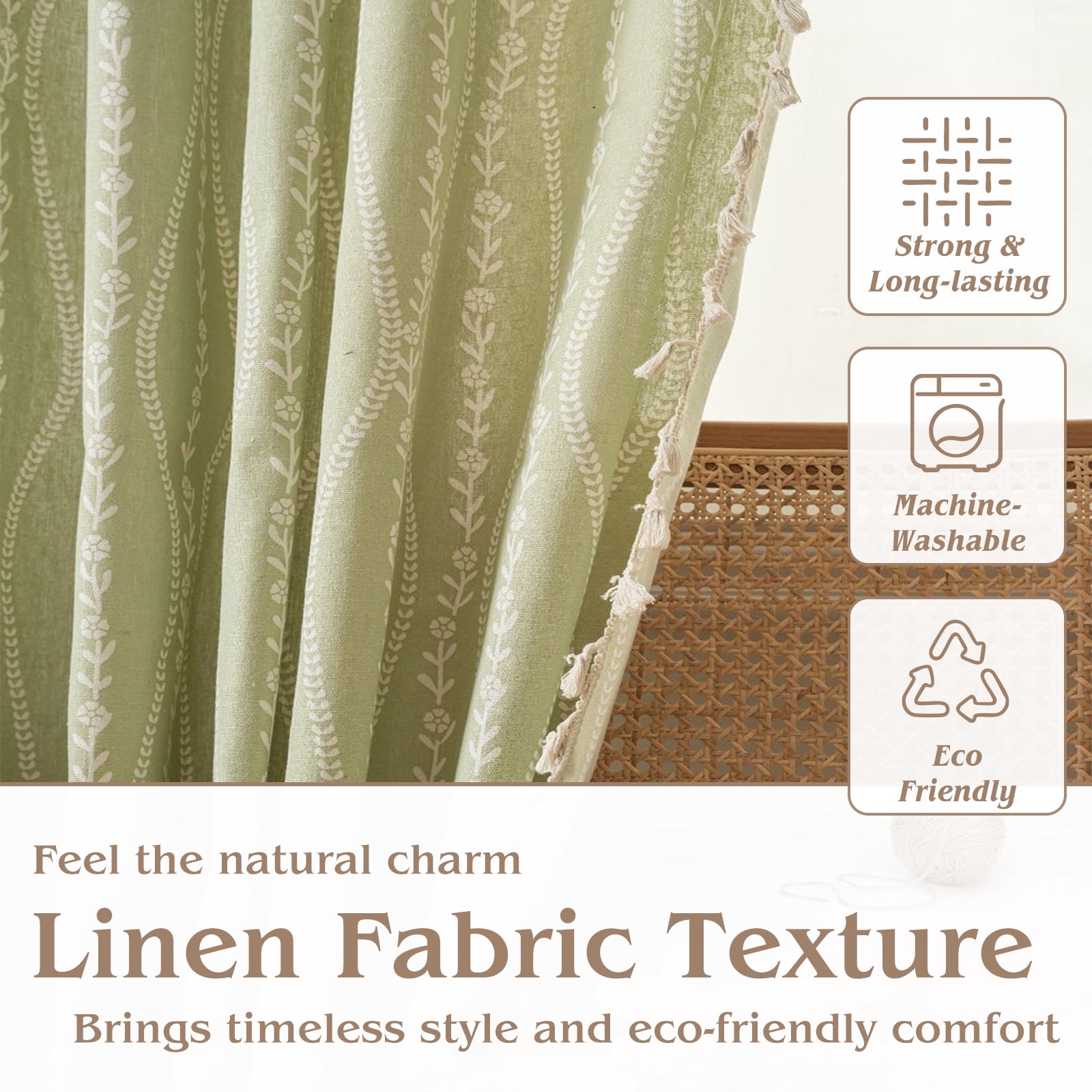 PixelForge Linen Curtains Floral Patterned Window Curtains, 84 Inch Length, Farmhouse Style, Semi-Blackout Light Filtering,1 Panel for Living Room,Green