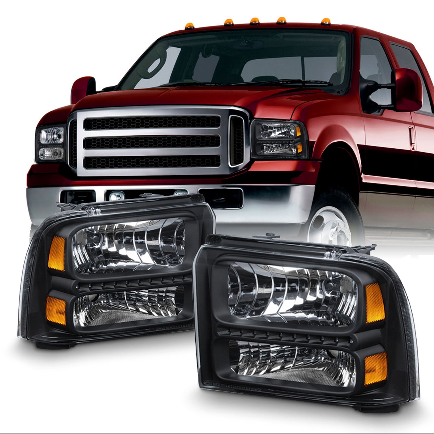 Fits 1999-2004 Ford F250/F350/F450/F550 Super Duty Excursion LED Parking Tube Projector Black Headlights Pair Left+Right
