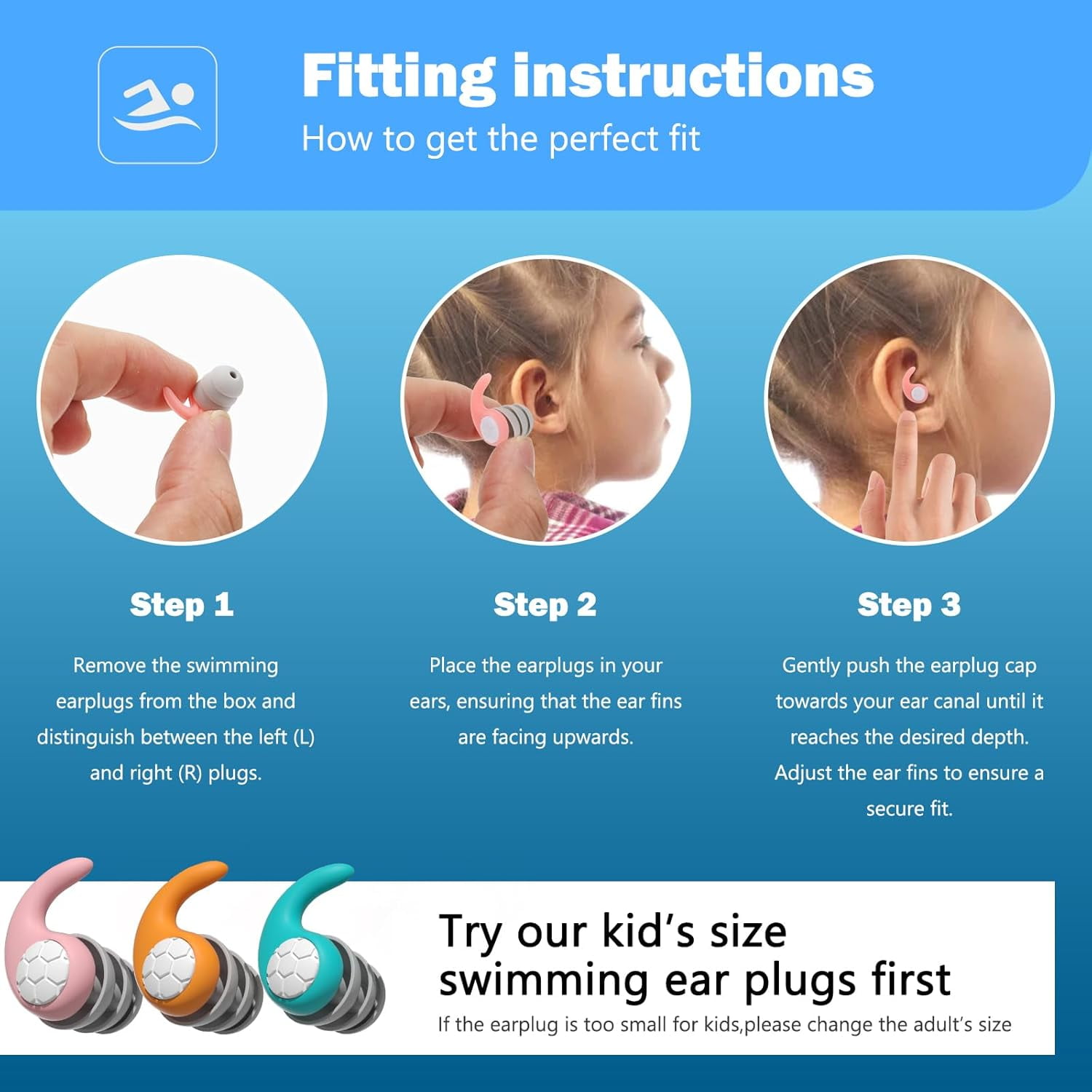 Swimming Ear Plugs for Kids,3 Pairs Waterproof Silicone Swim Earplugs for Swimming Surfing Diving Showering for 5-13 Years Olds Children and Small Ear Teens