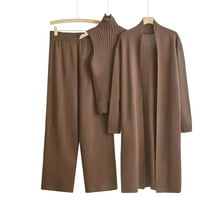 Maplenight Womens Knit 3 Piece Sets Long Cardigan Mock Neck Sweaters Wide Leg Pants Coordinated Outfit Fall Winter Business Casual Travel Outfits