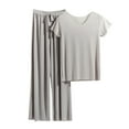 thumbnail image 2 of Herrnalise Women 2 Piece Modal Pajamas Sets Summer Short Sleeve Top and Drawstring Pants Soft Solid Color Sleepwear Suit Gray, 2 of 8