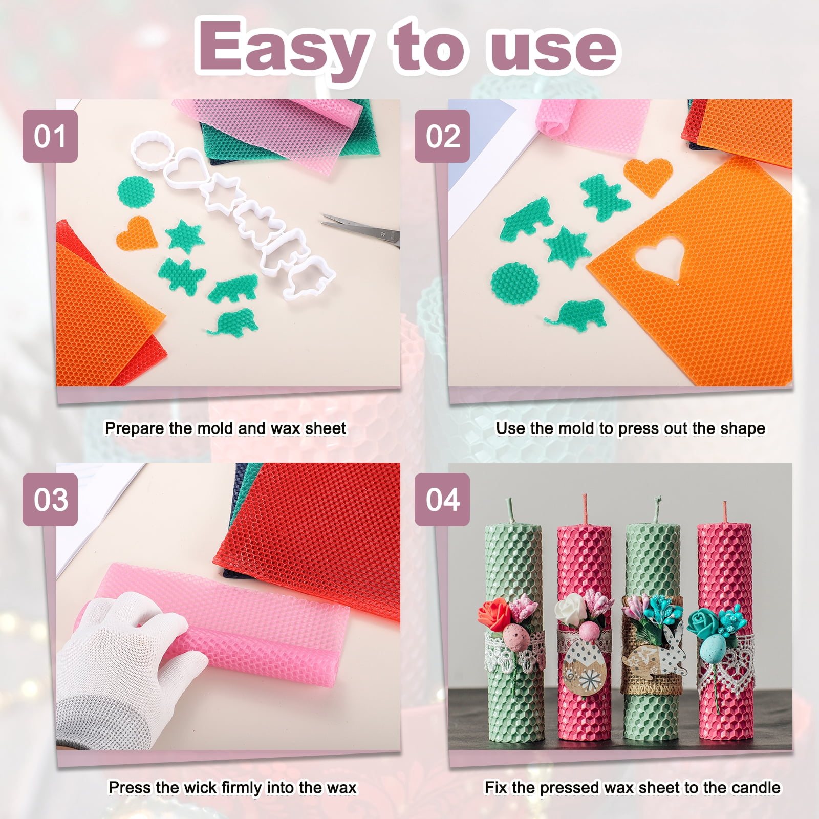 12pcs Beeswax Candle Making Kit, 8"x6" Multicolor Beeswax Sheet with 12pcs Wick