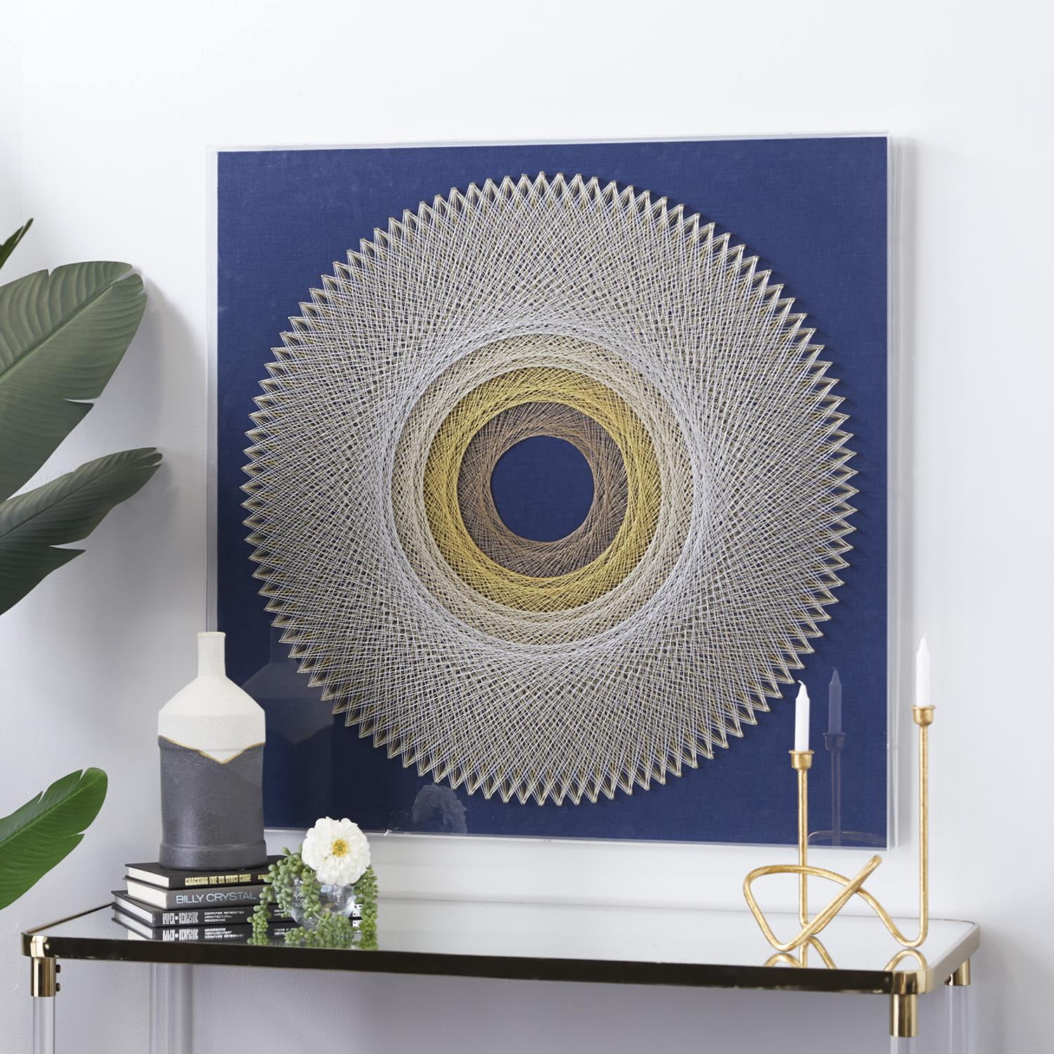 36" x 36" Blue Geometric Handmade Circular String Art Shadow Box with Canvas Backing, by DecMode