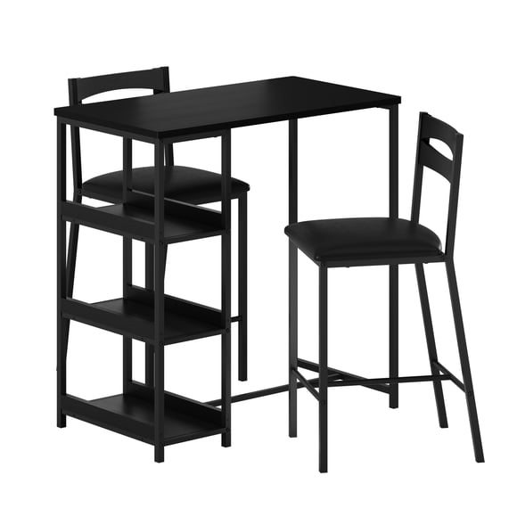 Modern 3-Piece Dining Table Set with Storage Shelves – Space-Saving Kitchen Furniture, 2 PU Upholstered Chairs,Iron Frame–Ideal for Apartments,Breakfast Nook, PU Cushion, Black Tube + Black Wood Grain