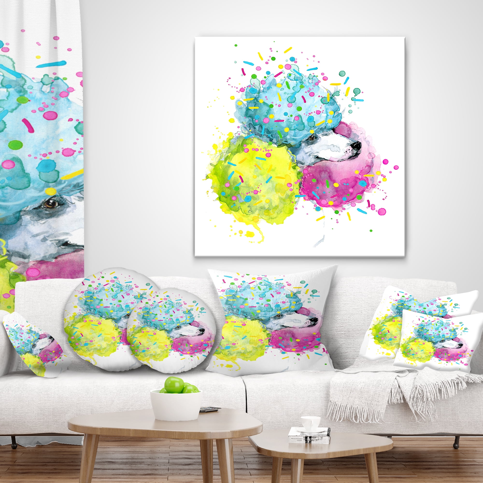Designart Cute White Dog with Color Spheres - Contemporary Animal Throw Pillow - 16x16