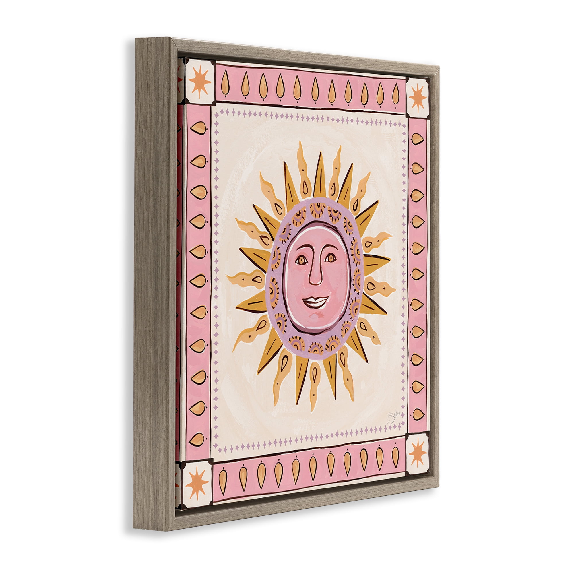 Stupell Industries Smiling Sun with Pink Border Brown Framed Floater Canvas Wall Art, design by Two If By Sea Studios
