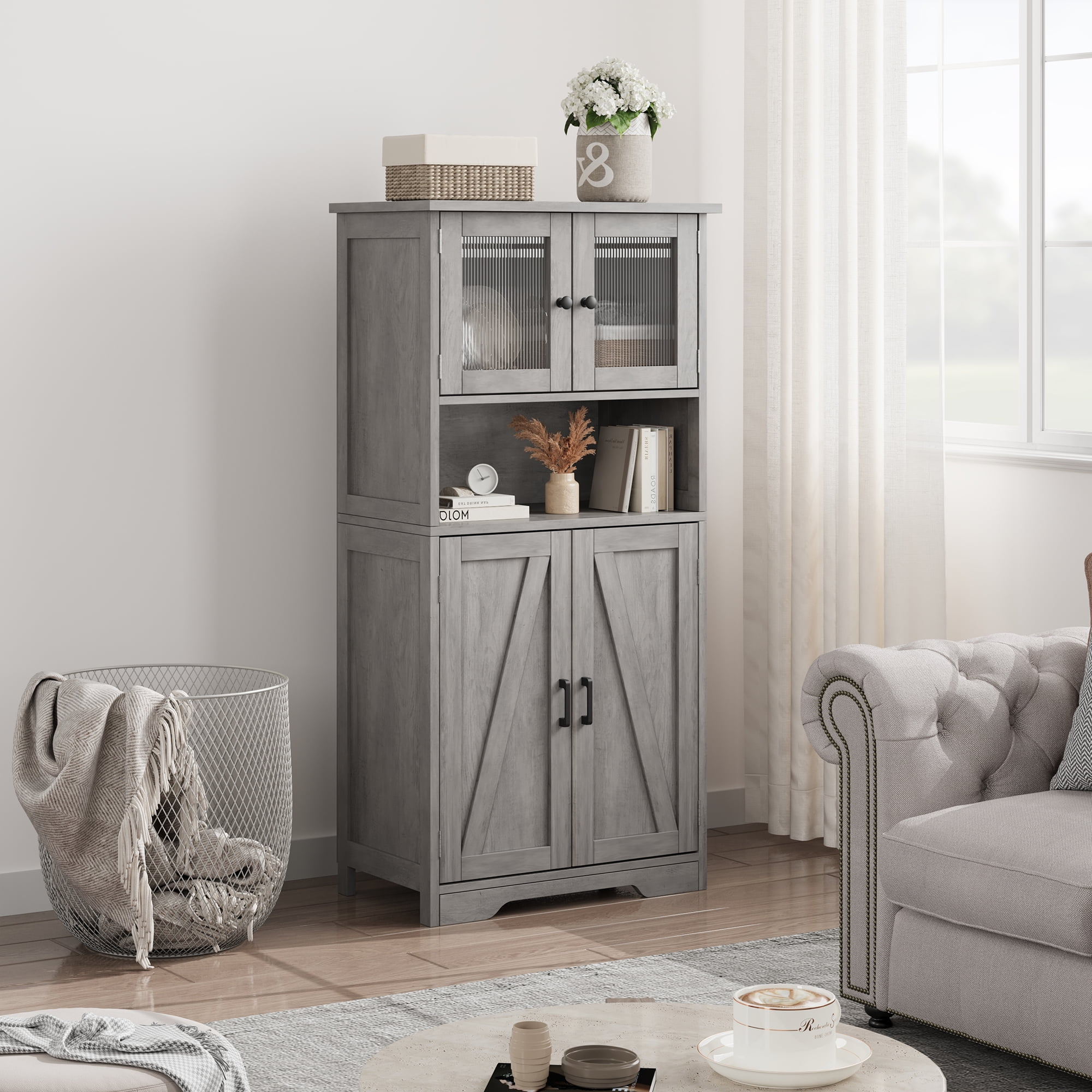 54-Inch Tall Storage Cabinet Hutch Bar Cabinet with Glass Doors and Adjustable Shelves, Wooden Kitchen Pantry Storage Cabinet for Living Room and Dining Area
