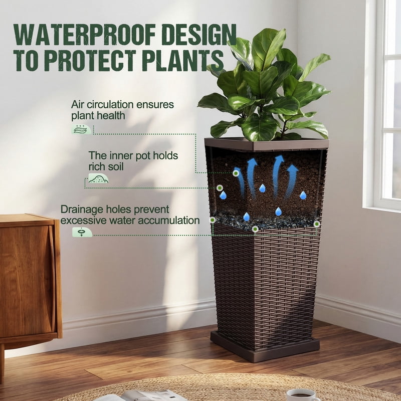 Homall 32" Tall Plastic Planter Set of 2 with Inside Pots, Drainages and Trays, for Outdoor and Indoor