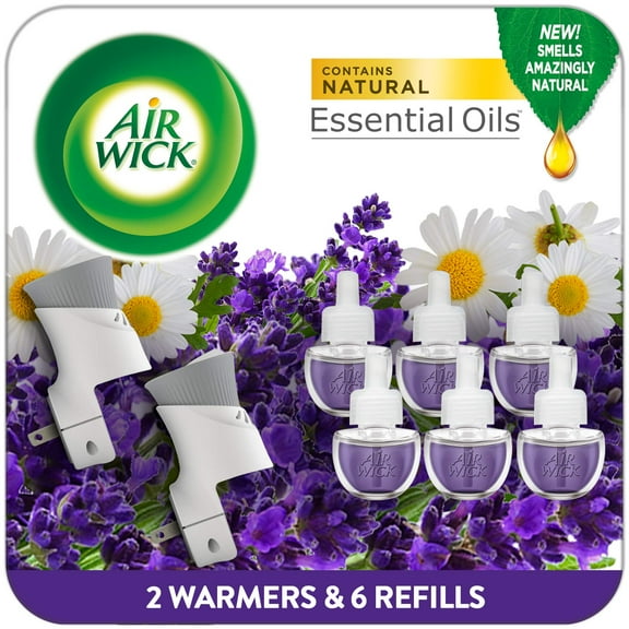Air Wick Plug in Scented Oil Starter Kit, 2 Warmers   6 Refills, Lavender & Chamomile, Eco Friendly, Essential Oils, Air Freshener