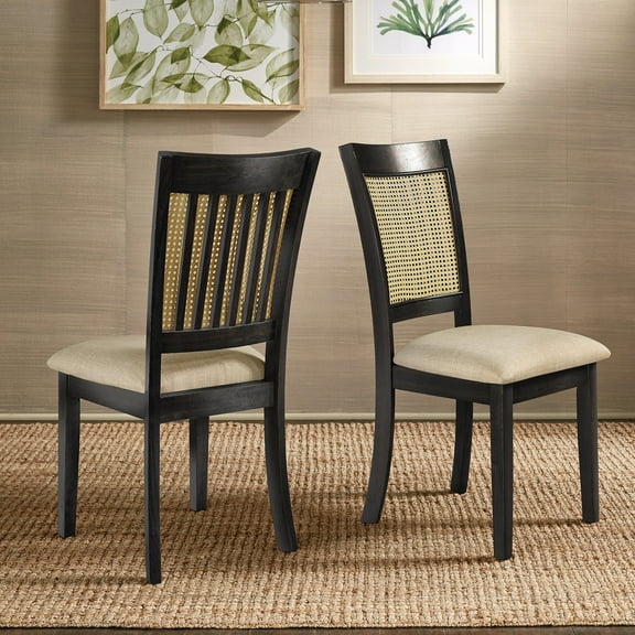 Weston Home Pulukan Cane Slat Back Dining Chair (Set of 2), Antique Black Finish, Beige Linen