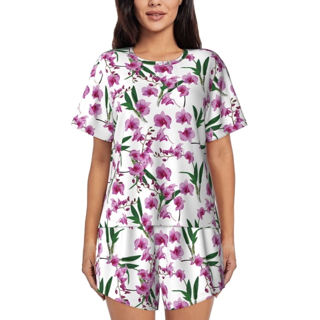 Fotbe Orchids Flowers Conjunto de Pijama Estampado para Mujer, 2 Piezas, Ropa de Dormir con Camiseta de Manga Corta y Shorts Suaves-XX-Large